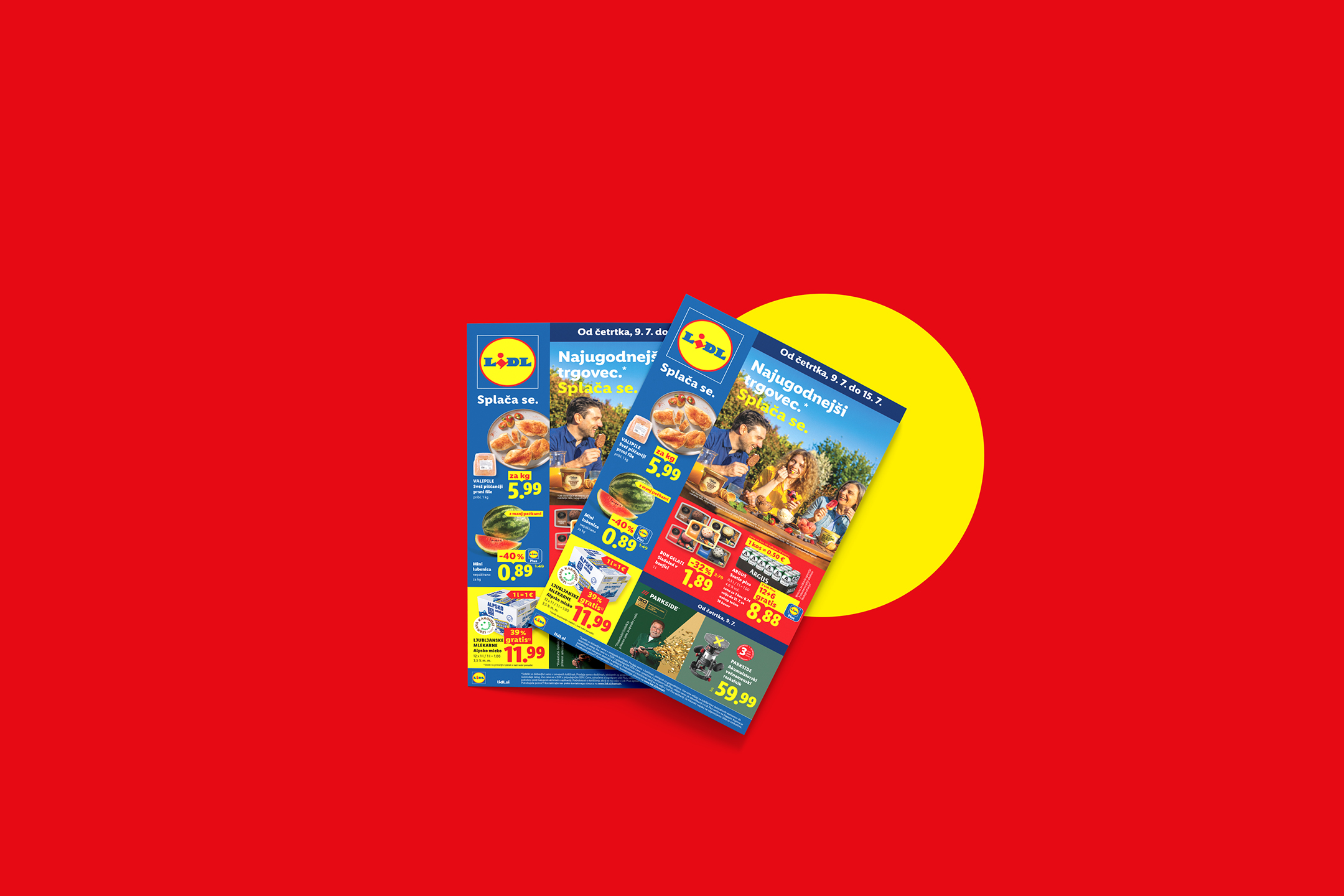 Lidl letak z akcijskimi ponudbami piščančjega mesa, lubenic, sladoleda, piva in orodja.