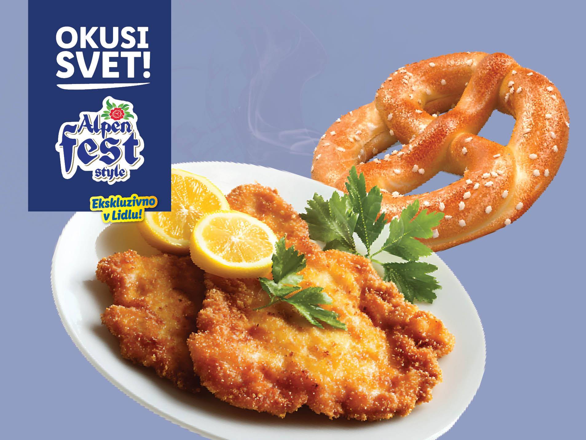 Alpen Fest Style: Okusi svet! Slika prikazuje ocvrte šnicle in pretzel.