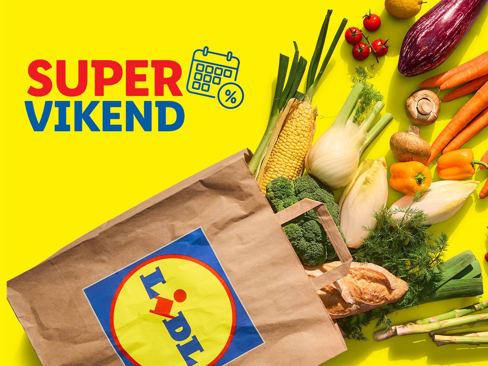 Lidl-ova nakupovalna torba, polna sveže zelenjave in kruha, s promocijskim napisom Super Vikend.