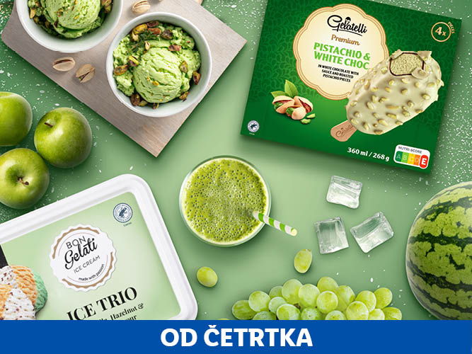 Gelatelli pistacijo in belo čokoladni sladoled ter Bon Gelati sladoledni trio, obdani z zelenimi jabolki, grozdjem in melono.