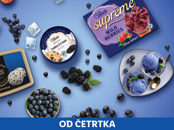 Gelatelli sladoled: Supreme Wild Berries in Cookies & Cream okusi, predstavljeni z drugimi sortami.