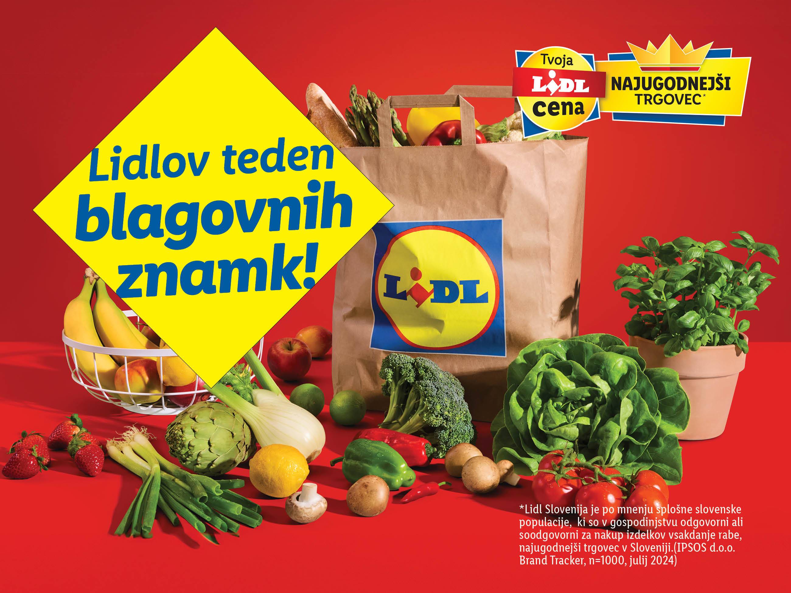 Lidl-ova vrečka polna sveže zelenjave in sadja, oglaševanje Lidlovega tedna blagovnih znamk.