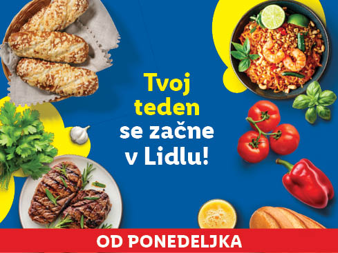 Oglasi za Lidl s hrano, vključno z mesom, testeninami, pecivom in zelenjavo.
