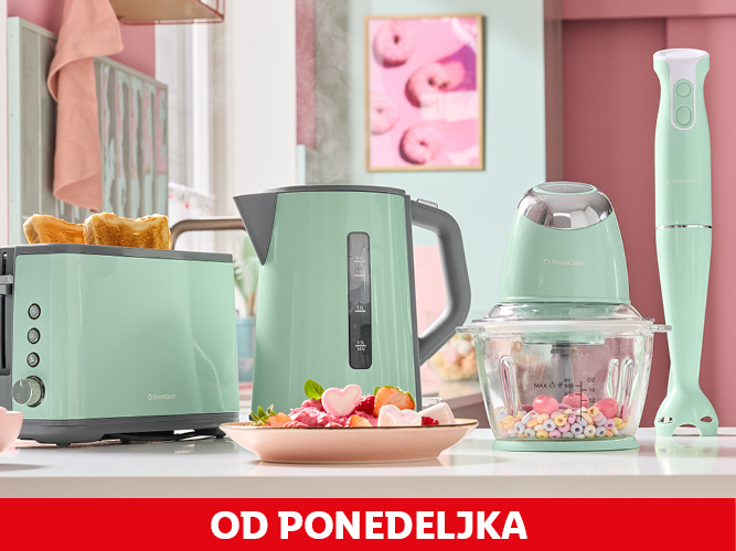 Kuhinjski aparati SilverCrest v mint barvi: opekač kruha, grelnik vode, sekljalnik in palični mešalnik.