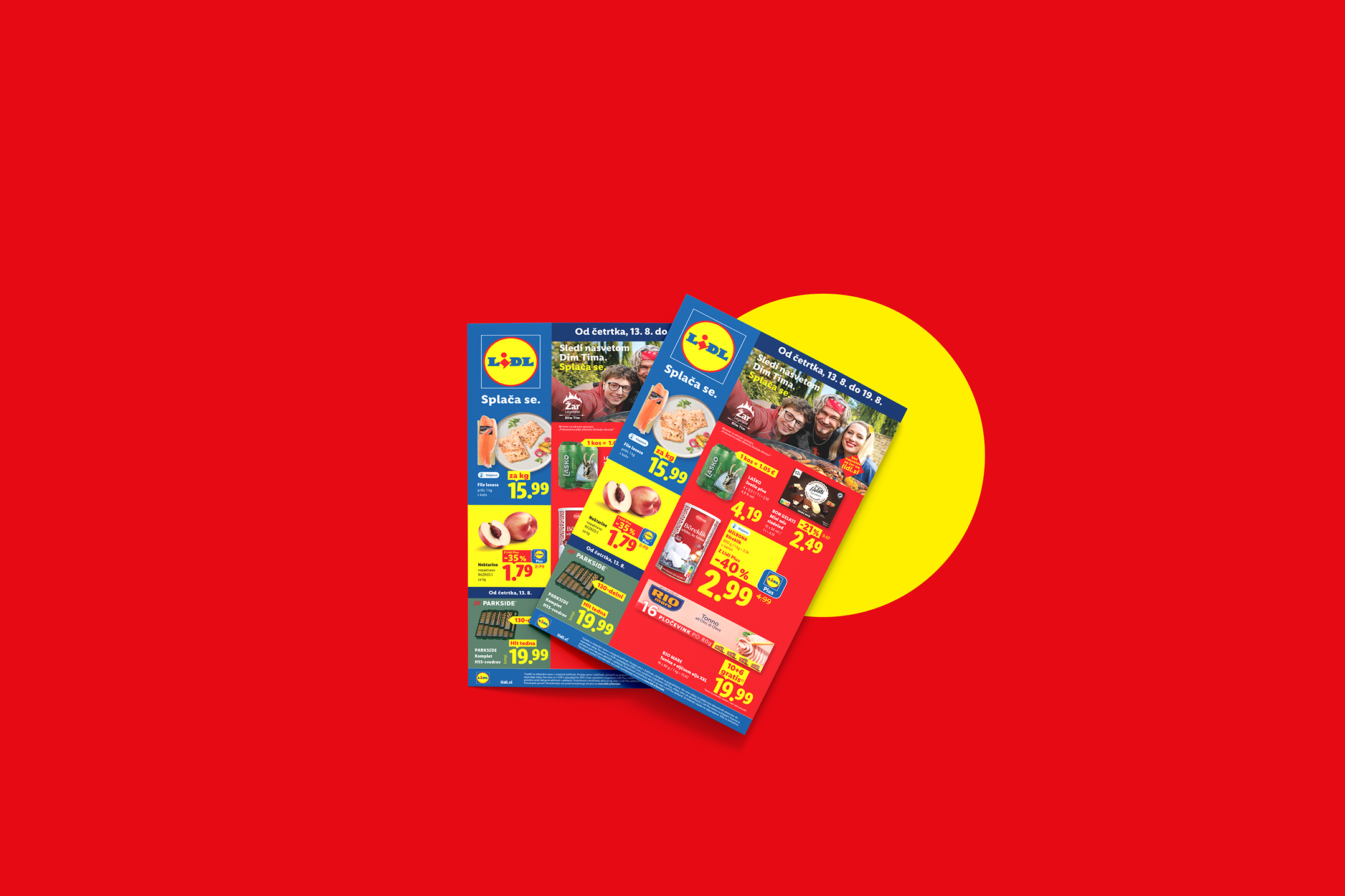 Lidl letak z ribami, nektarinami, pivom, sladoledom, orodjem in tuno, poudarja tedenske ponudbe.