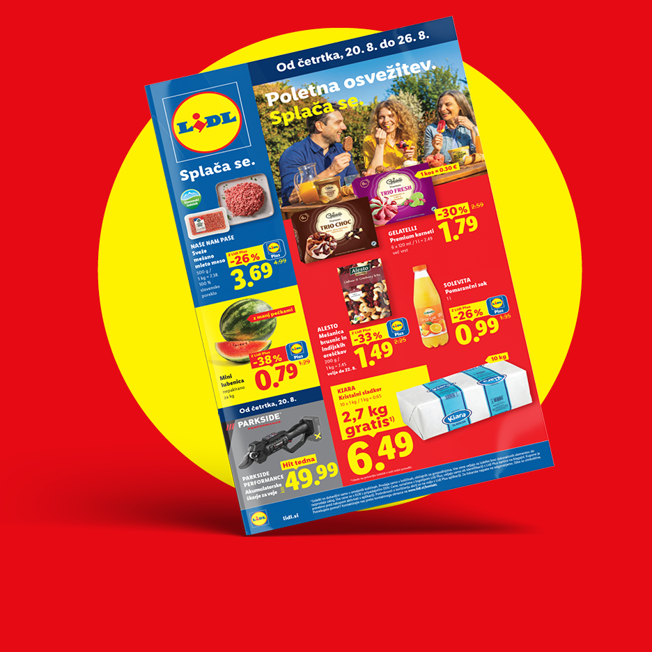 Lidl letak z akcijskimi cenami za mleto meso, lubenico, kornete, mešanico oreščkov, pomarančni sok, sladkor in škarje za veje.
