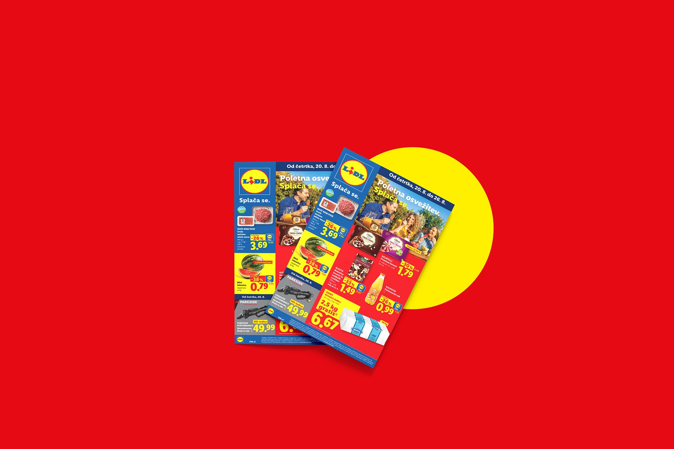 Lidl letak z akcijskimi ponudbami, vključno z mletim mesom, lubenico, sladoledom in orodjem.