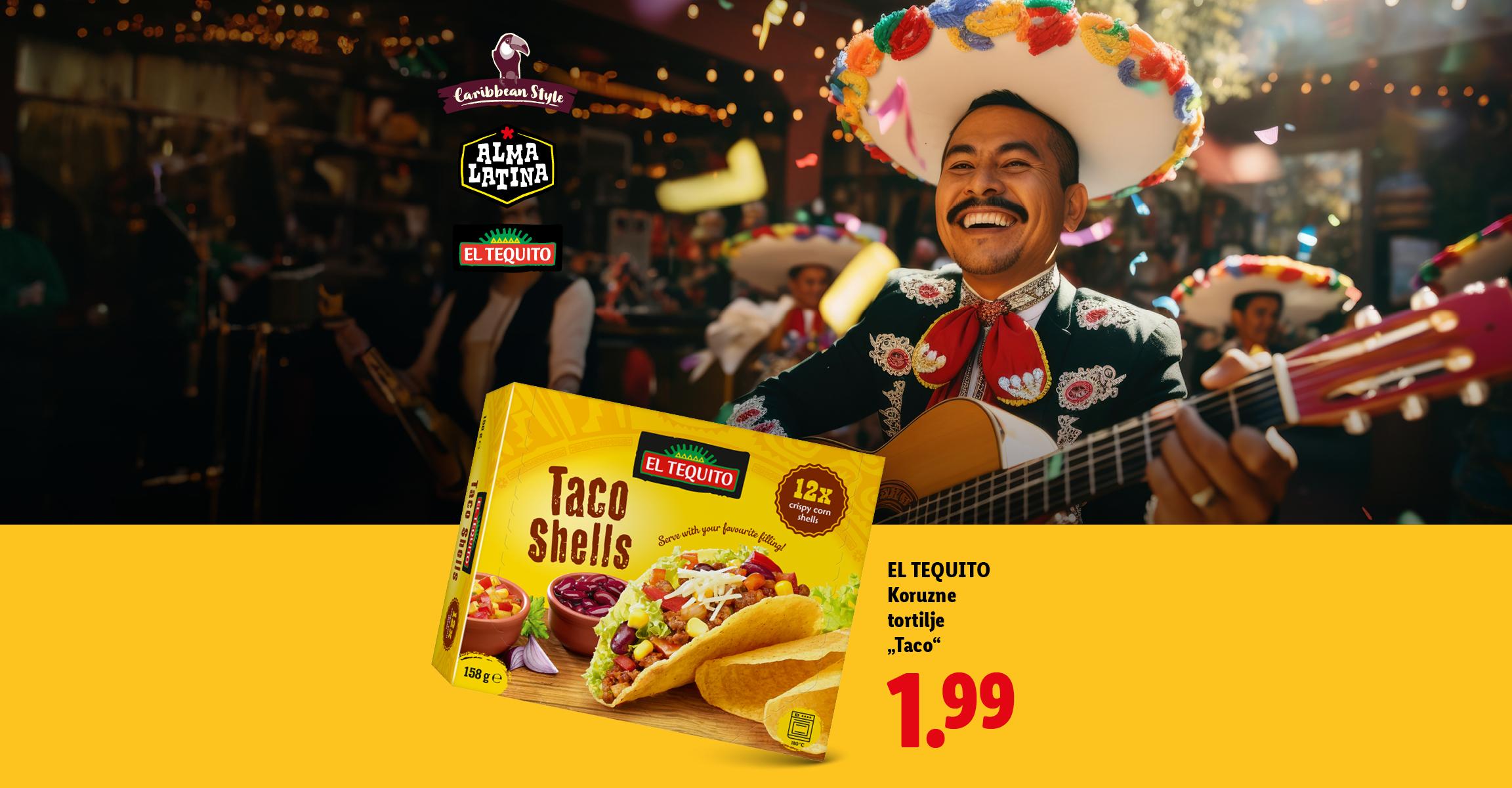 Škatla koruznih tortilj za taco s ceno 1,99 €, v ozadju vesel mariachi.