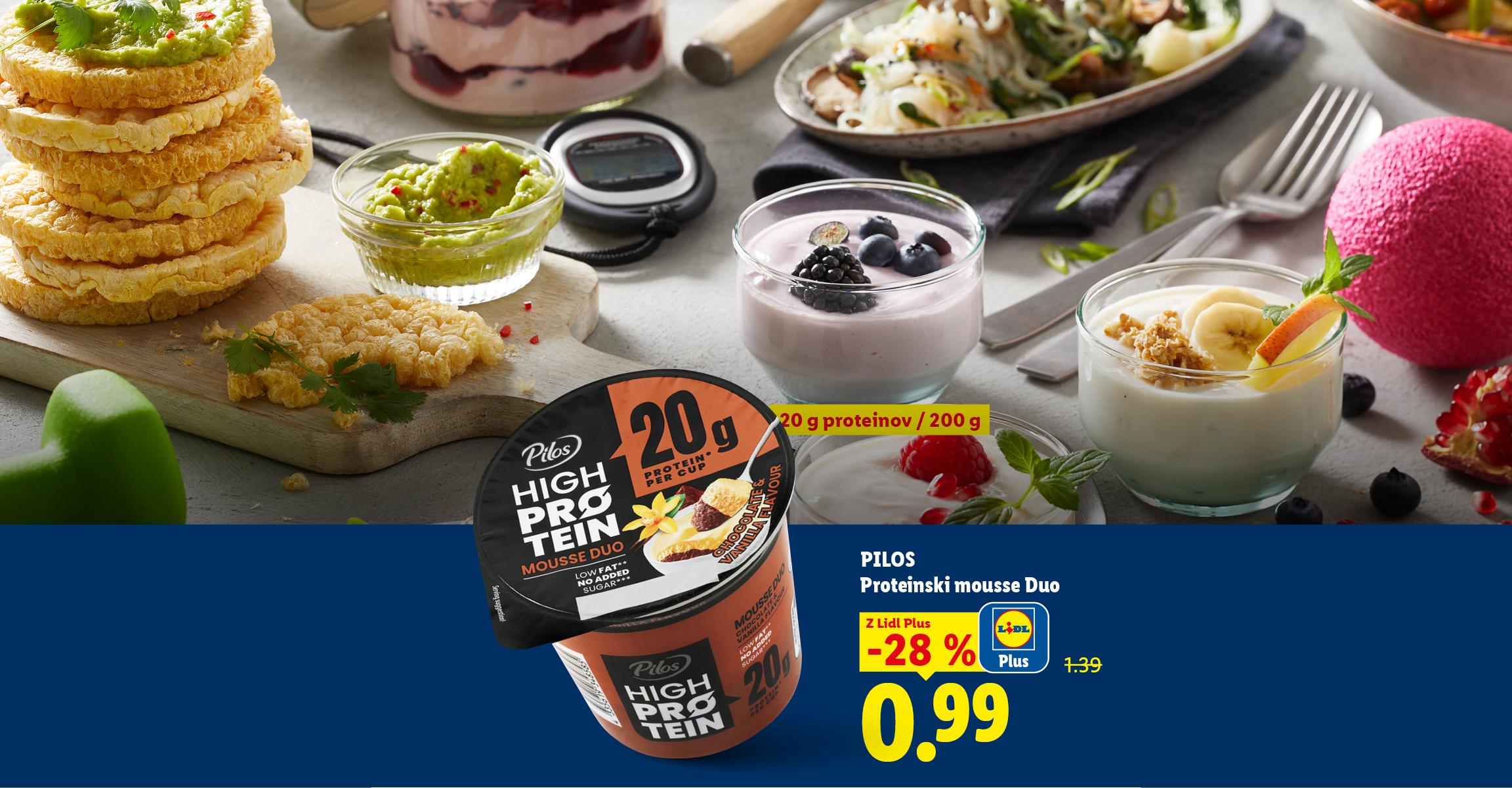 Visokoproteinska čokoladna in vanilijeva pena, znižana za 28 %, obkrožena z zdravo hrano.