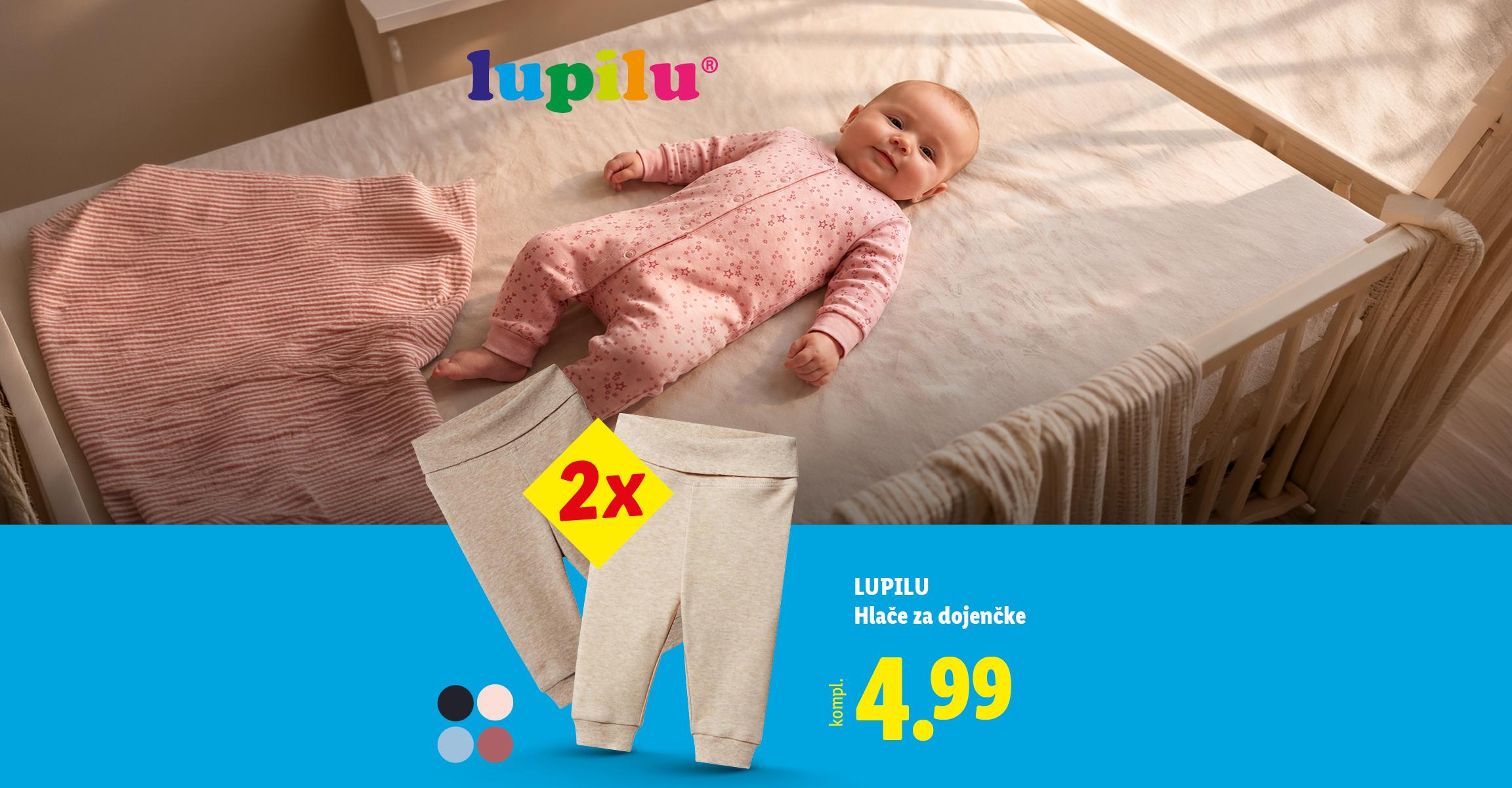 Dojenček v roza pajacu in komplet dveh bež hlač za dojenčke za 4,99 €.