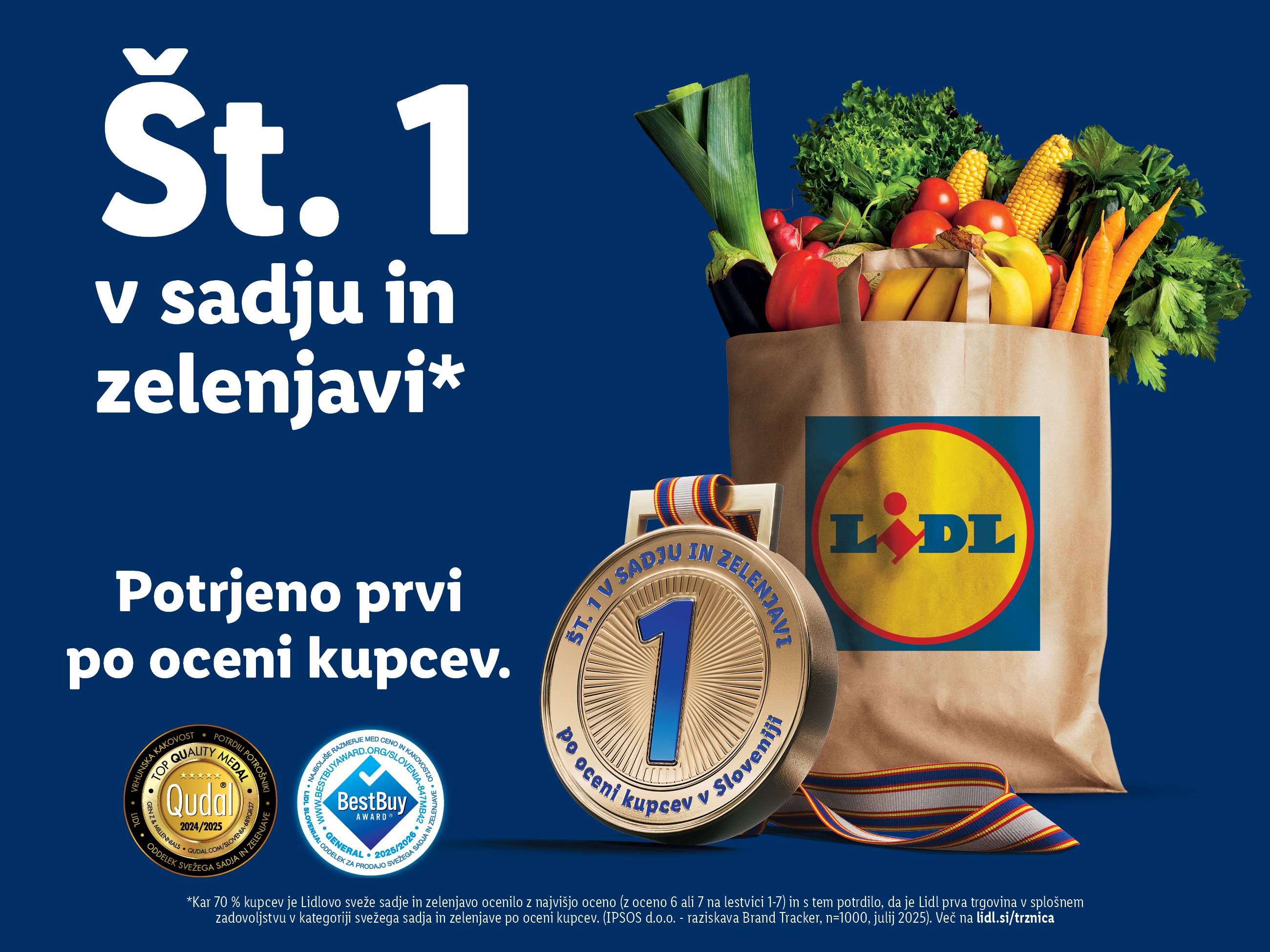 Plakat za Lidl, ki prikazuje papirnato vrečko, polno svežega sadja in zelenjave, z medaljo, ki označuje »Št. 1 v sadju in zelenjavi«.