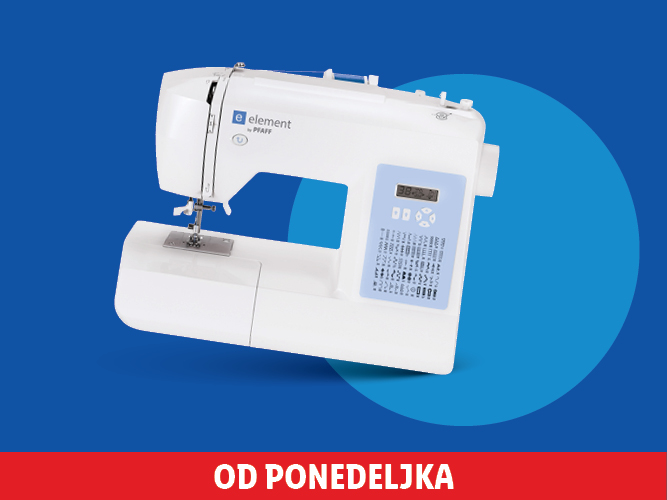 Beli šivalni stroj Element by Pfaff na modrem ozadju z rdečim pasom 