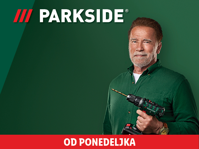 Arnold Schwarzenegger drži Parkside vrtalnik, z logotipom Parkside in napisom 'OD PONEDELJKA'.