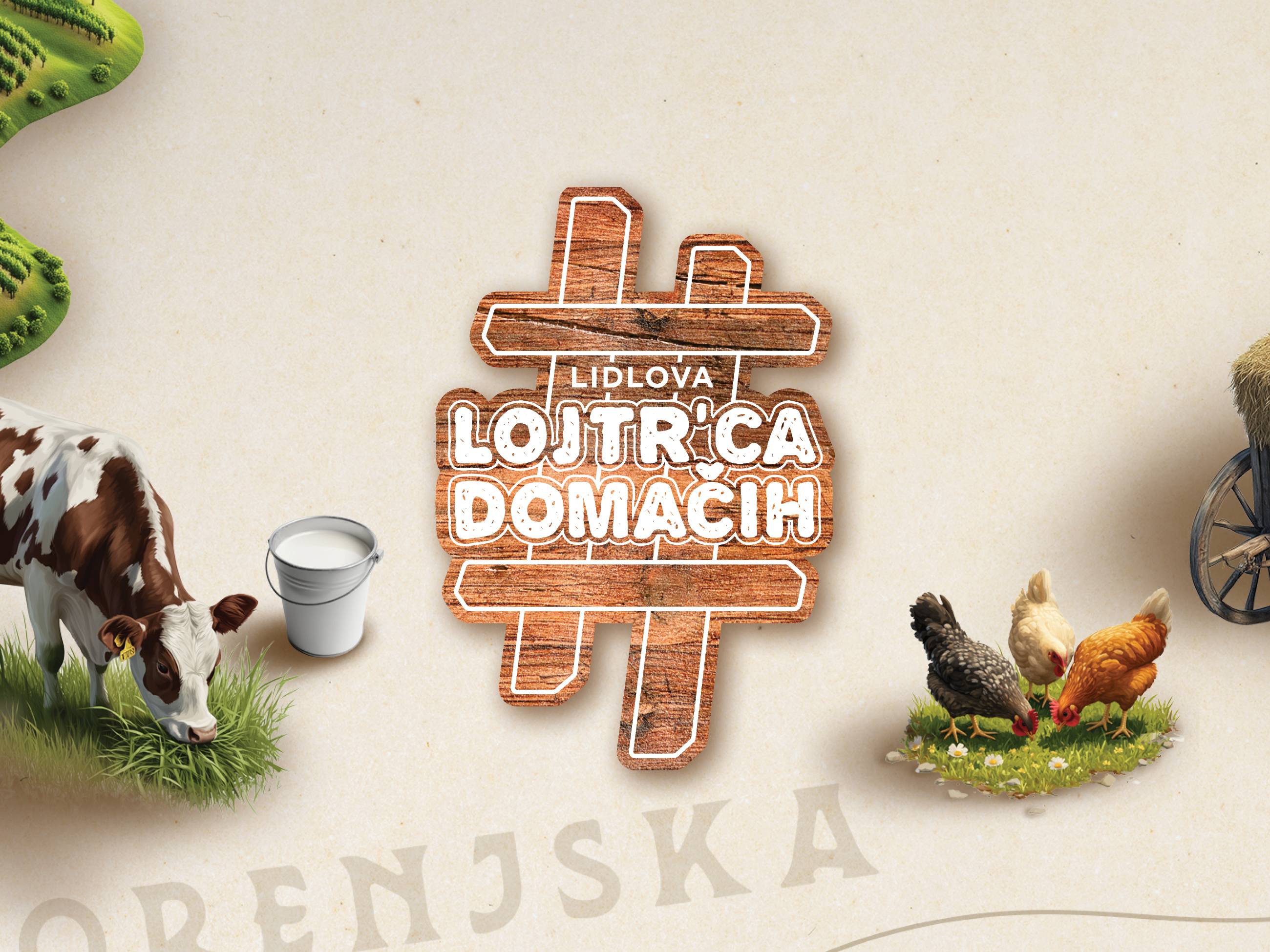Lidlova Lojtr'ca Domačih: krava, kokoši, mleko in kmetijska pokrajina.