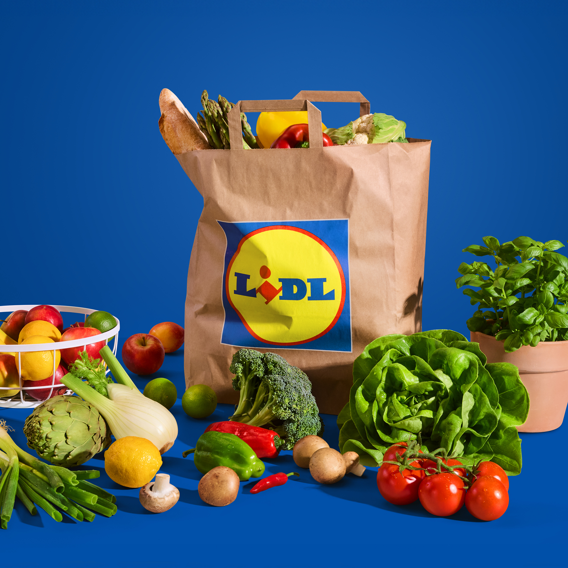 Nakupovalna vrečka Lidl, polna svežega sadja in zelenjave, na modrem ozadju.