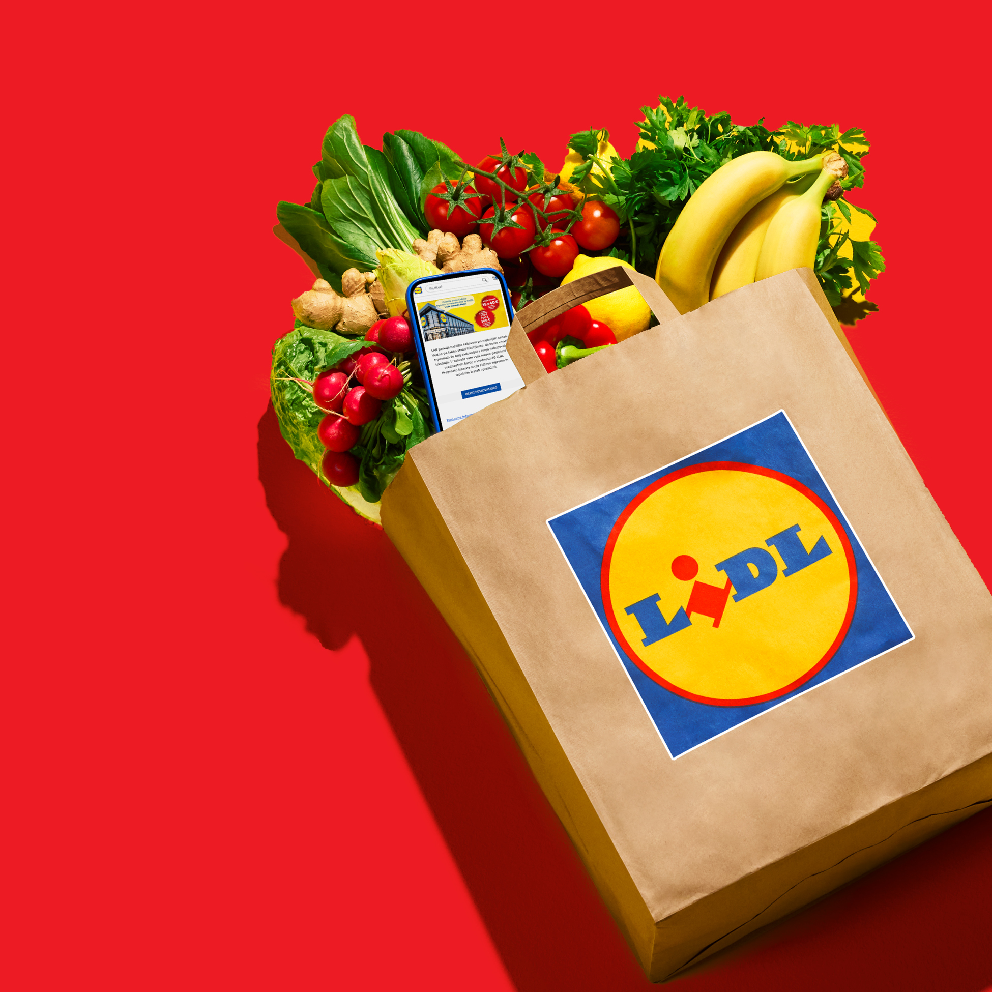 Nakupovalna vrečka Lidl, polna sveže zelenjave, sadja in pametnega telefona z aplikacijo.