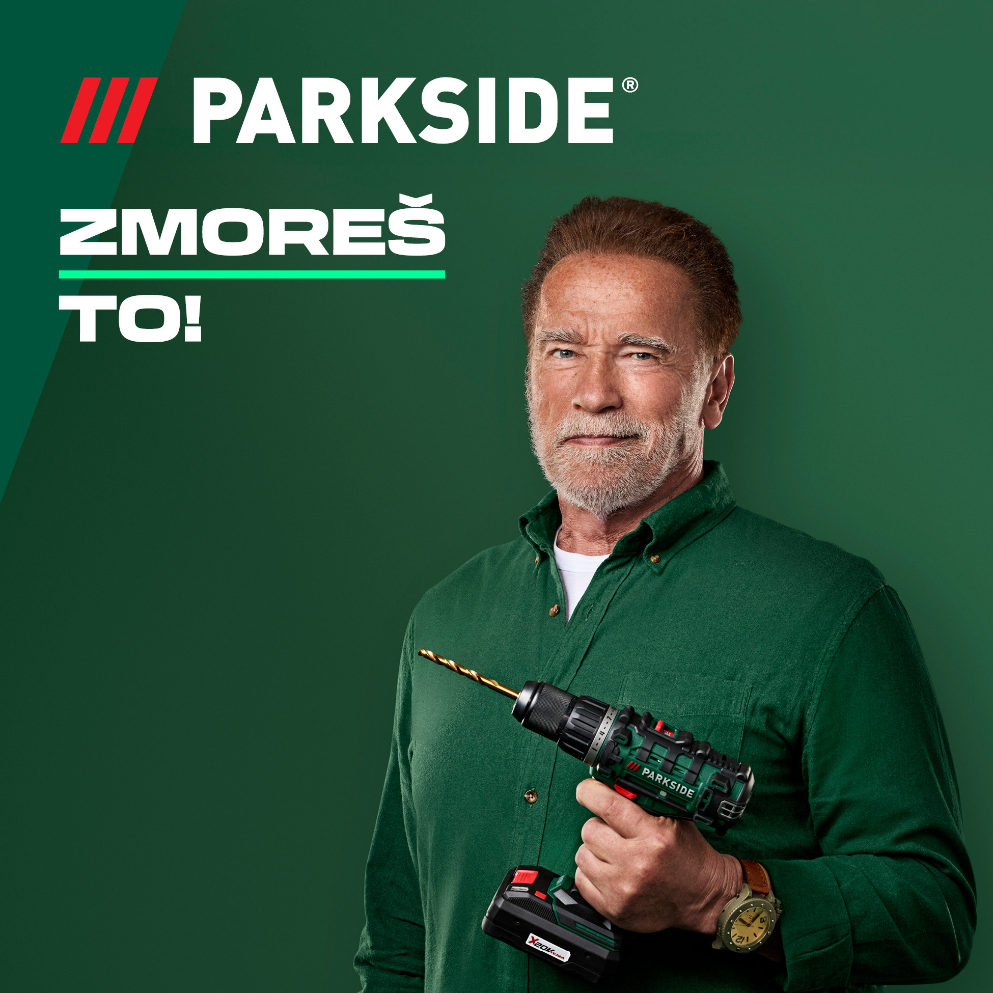 Arnold Schwarzenegger drži vrtalnik, z napisom »Zmoreš to!«