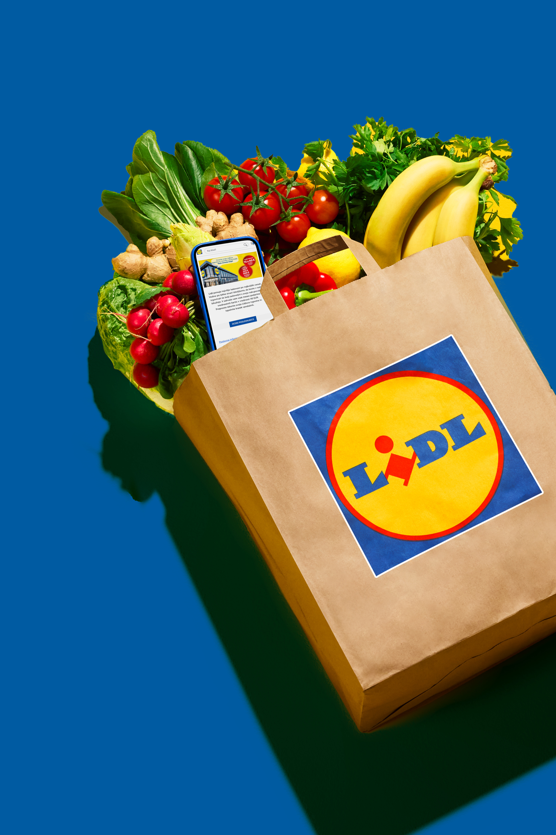 Nakupovalna vrečka Lidl, polna svežega sadja in zelenjave, s telefonom, ki prikazuje aplikacijo.
