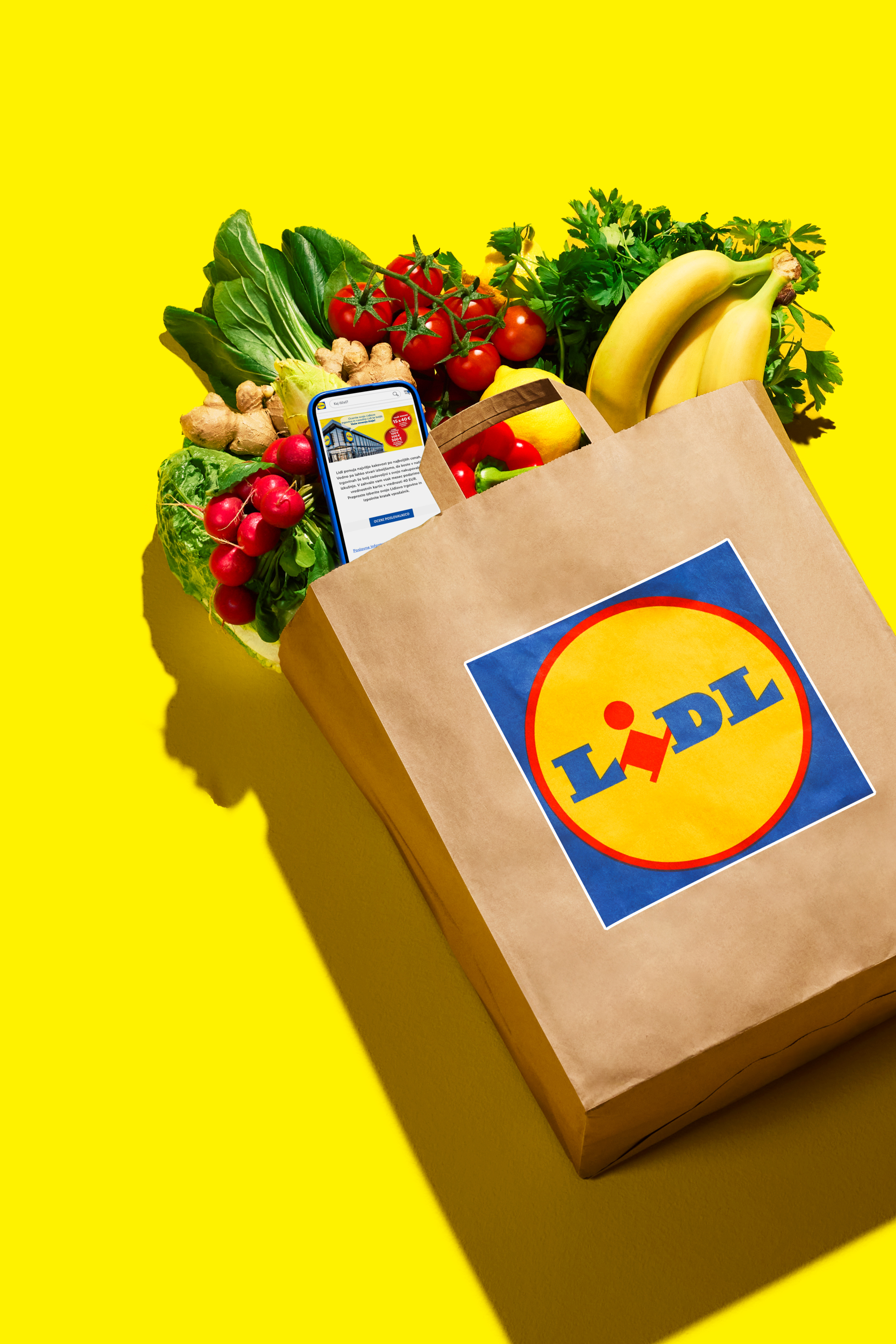 Nakupovalna vrečka z logotipom Lidl, polna sveže zelenjave in sadja, s telefonom.