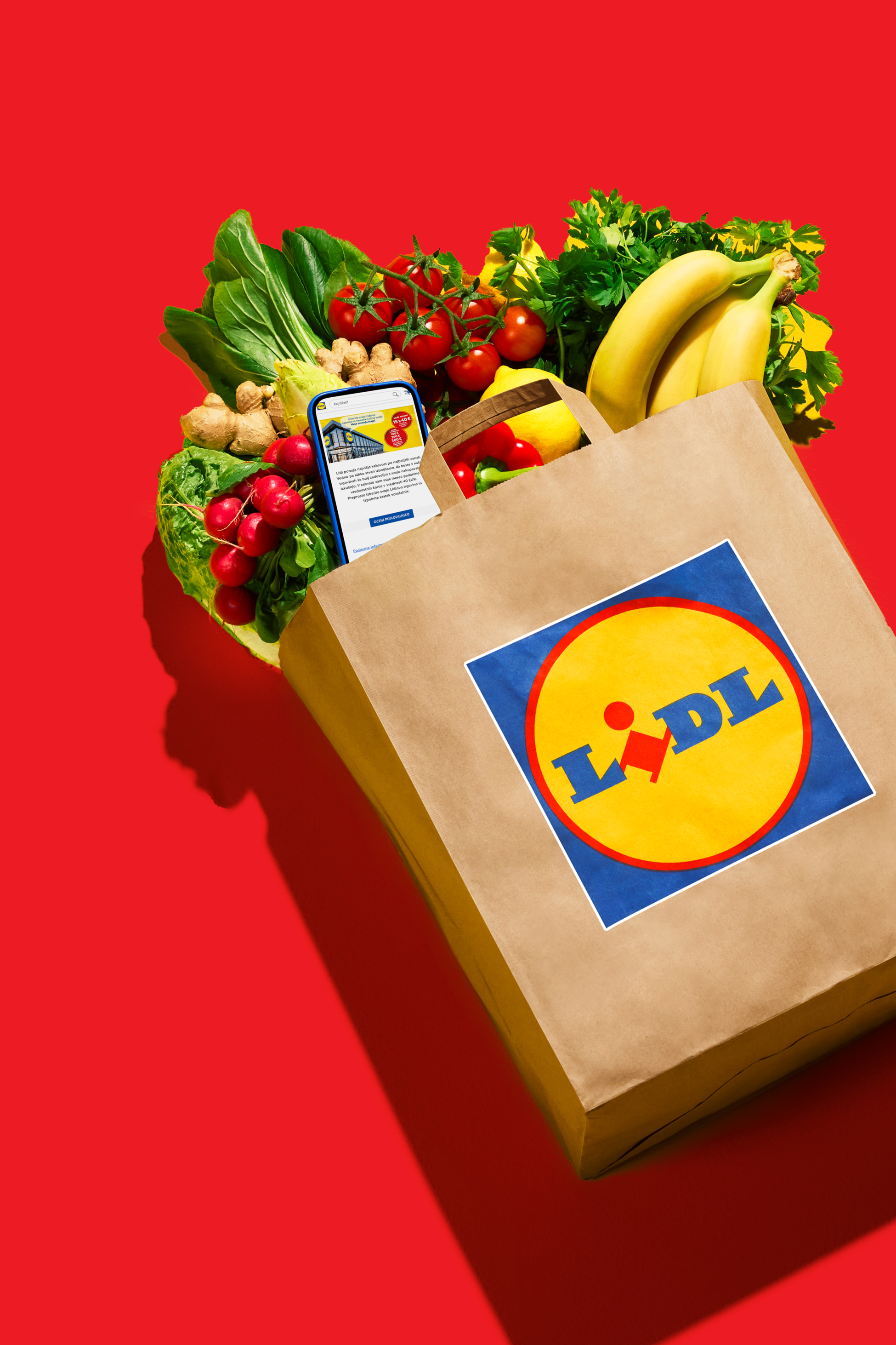 Nakupovalna vrečka Lidl, polna svežega sadja in zelenjave, s telefonom, ki prikazuje aplikacijo.