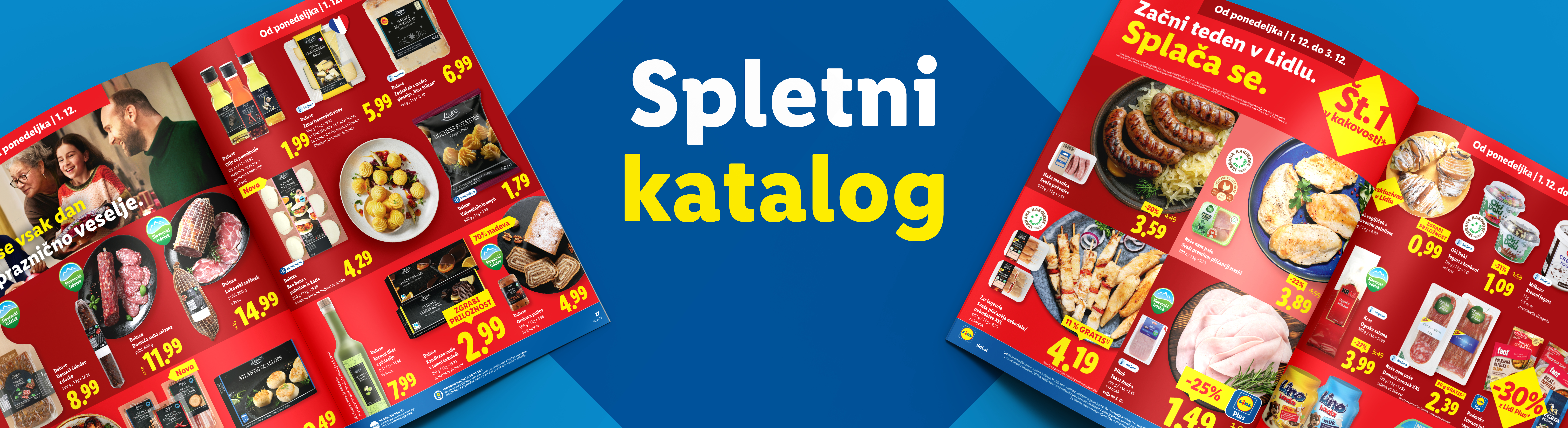 Lidl katalog s ponudbo živil, vključno s siri, mesninami, pekovskimi izdelki in sladkarijami.