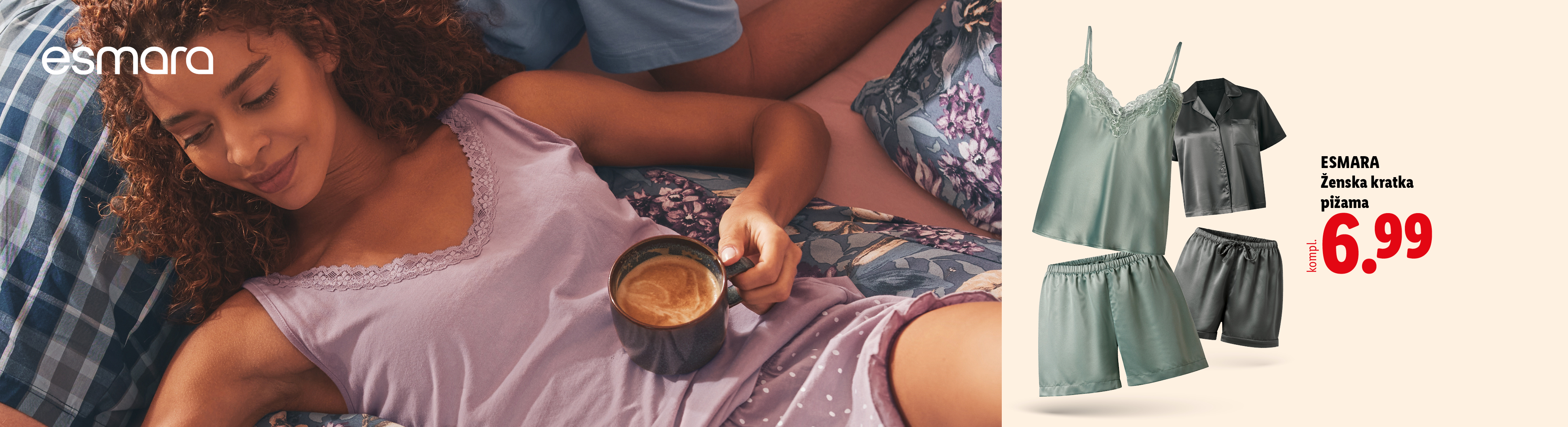 Ženska kratka pižama za 6,99 EUR, prikazana na ženski, ki pije kavo v postelji.