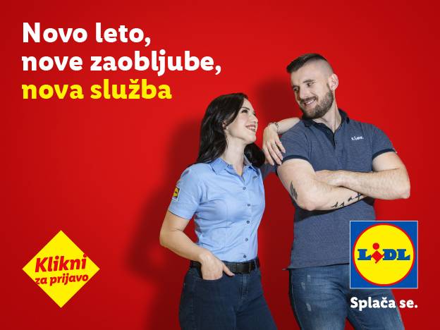 Lidl oglas za zaposlitev: 'Novo leto, nove zaobljube, nova služba' z nasmejanim parom.