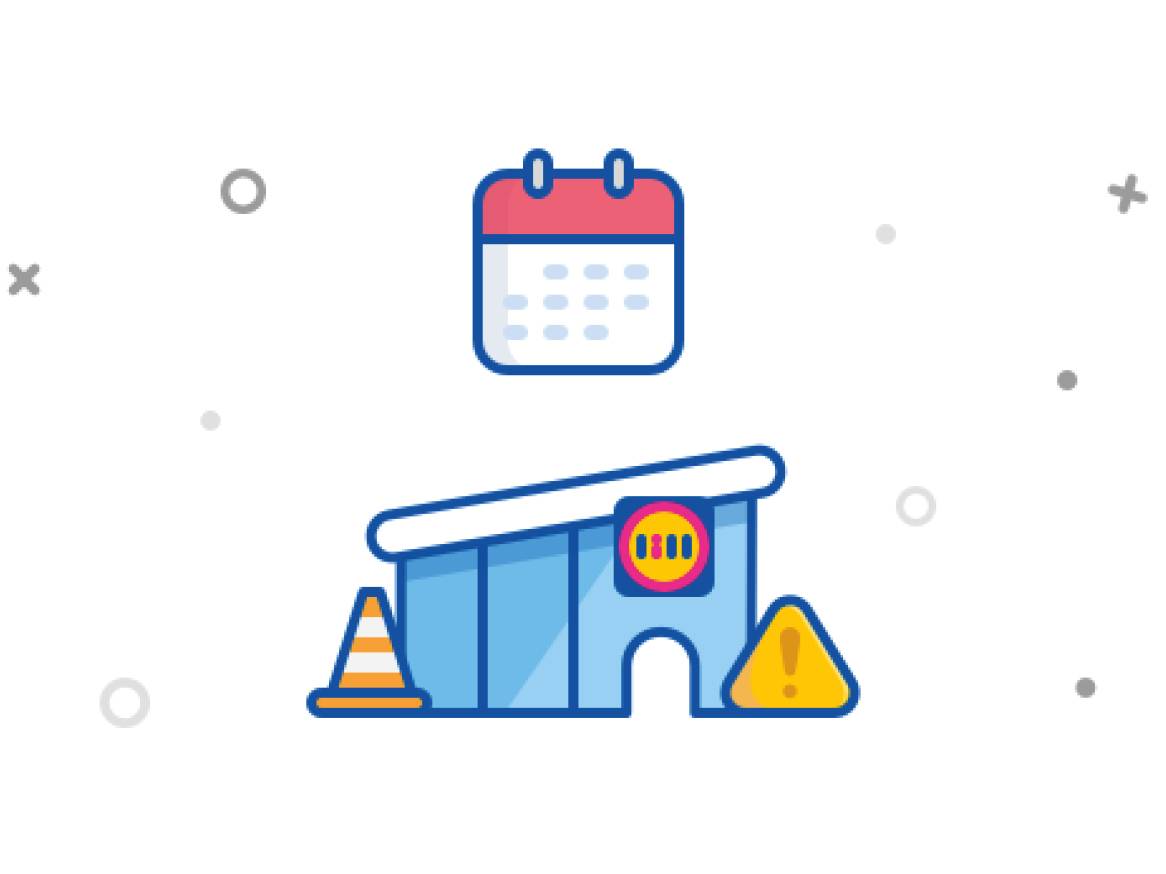 Ikona koledarja nad stavbo z opozorilnim znakom in prometnim stožcem.