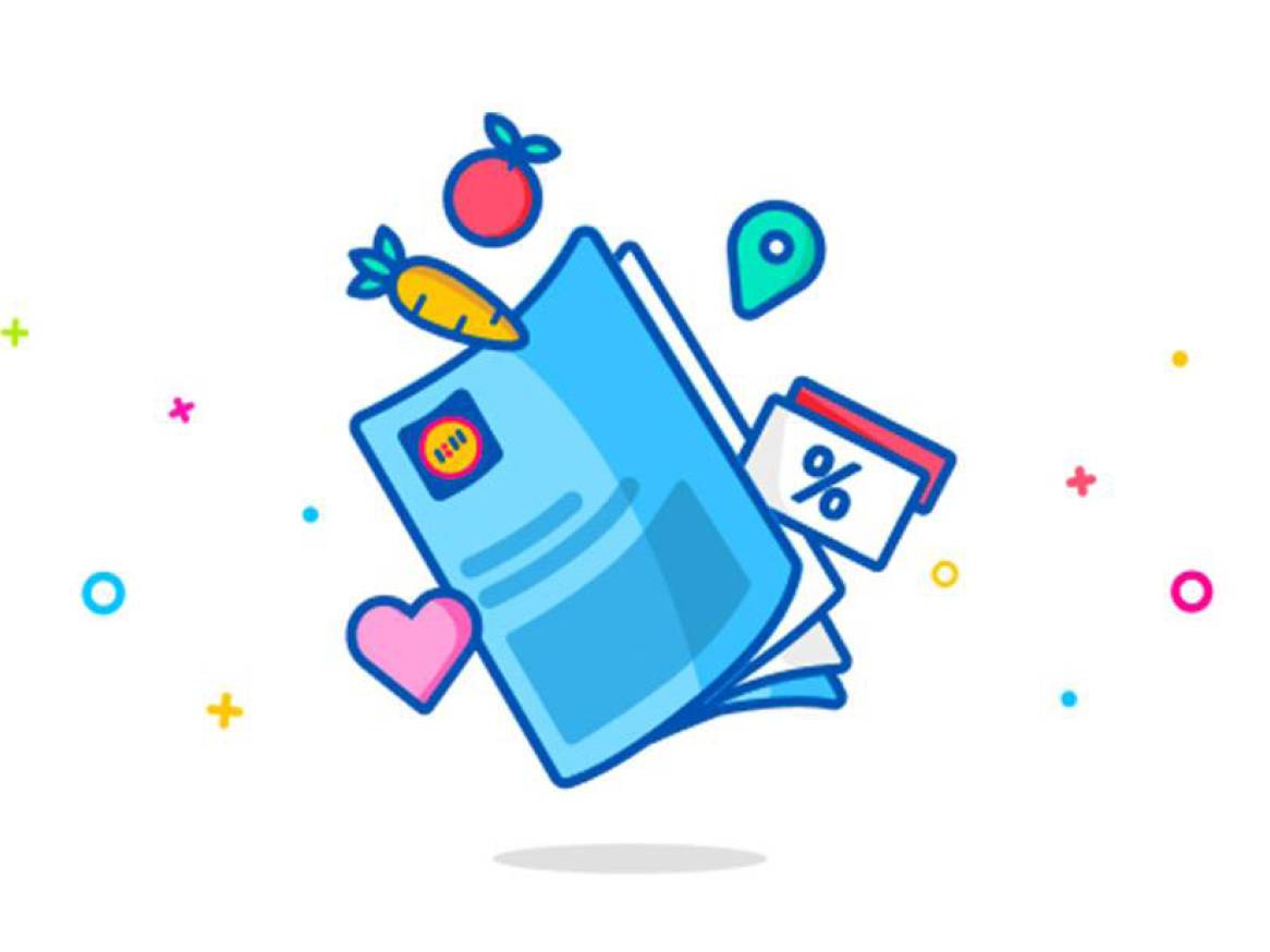 Modra knjižica z logotipom Lidl, korenčkom, jabolkom, srčkom in kuponom za popust.