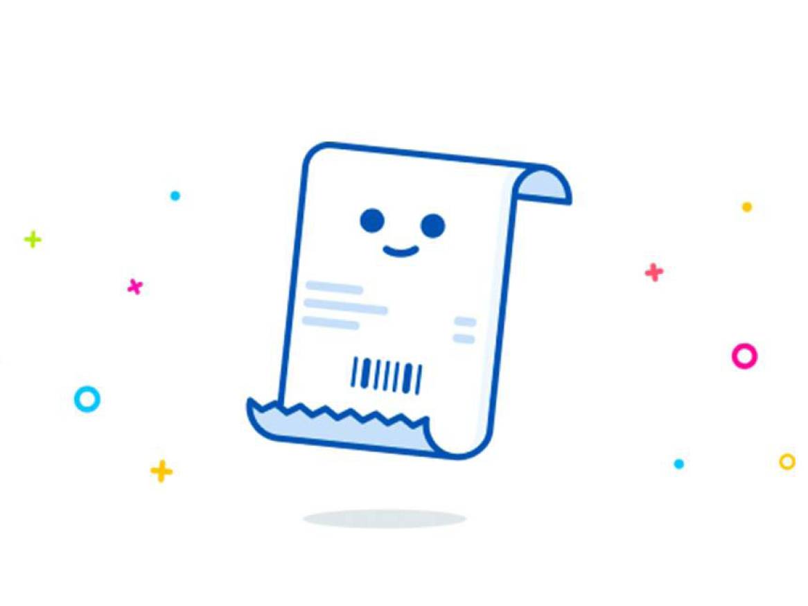 Ilustracija računa z nasmejanim obrazom in barvitimi pikami.