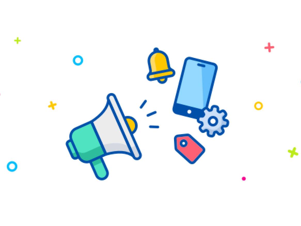 Ikona megafona, telefona, zvonca in oznake, ki simbolizira digitalno oglaševanje.