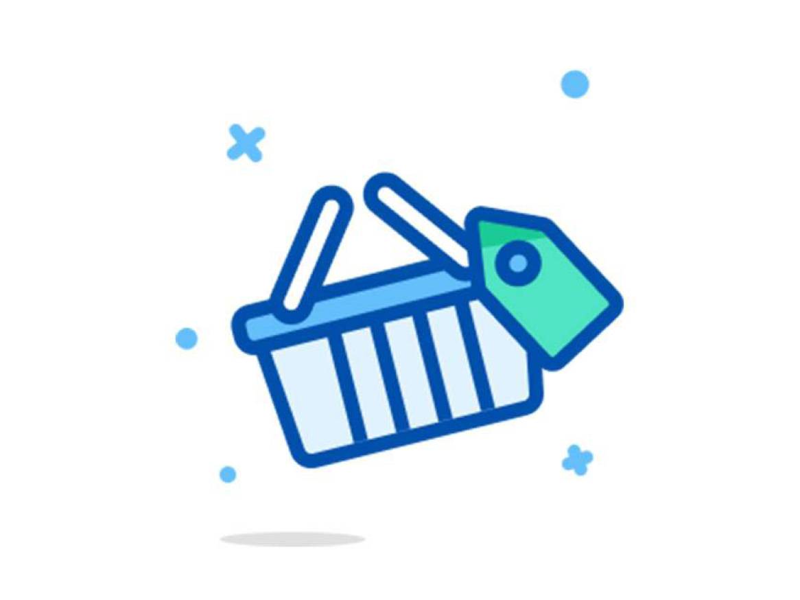 Nakupovalna košarica z zeleno etiketo za ceno in modrimi pikami.