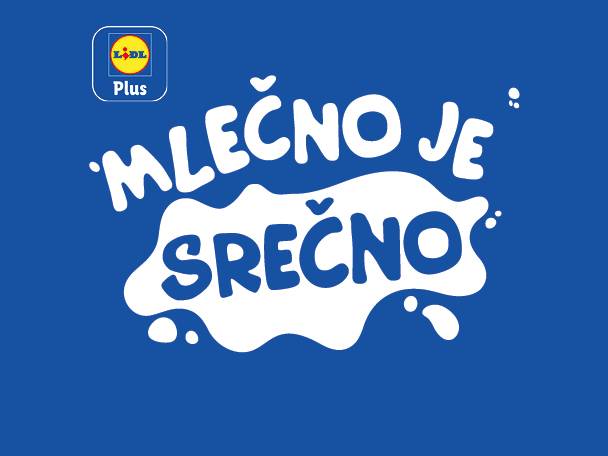 Modra podlaga z belim napisom 'Mlečno je srečno' v obliki mlečnega madeža.
