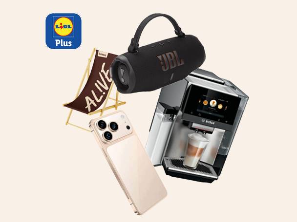 Zvočnik, kavni aparat, pametni telefon in ležalnik z napisom ALIVE, ob logotipu Lidl Plus.