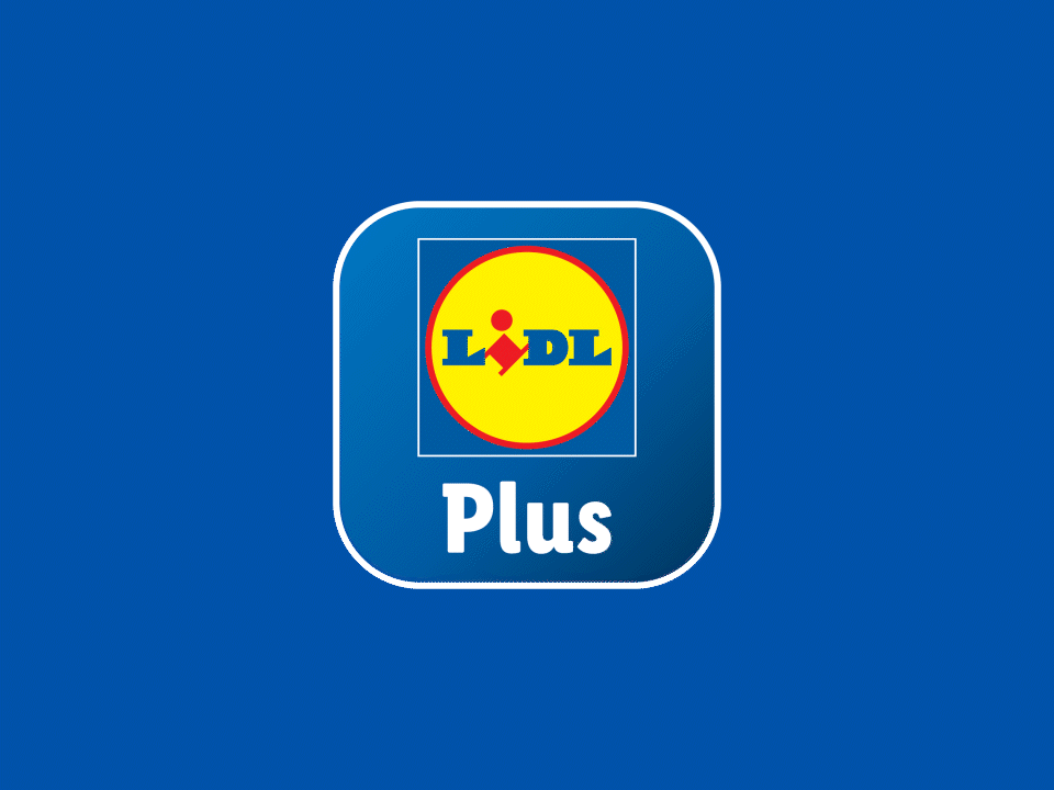 Logotip Lidl Plus na modrem ozadju.