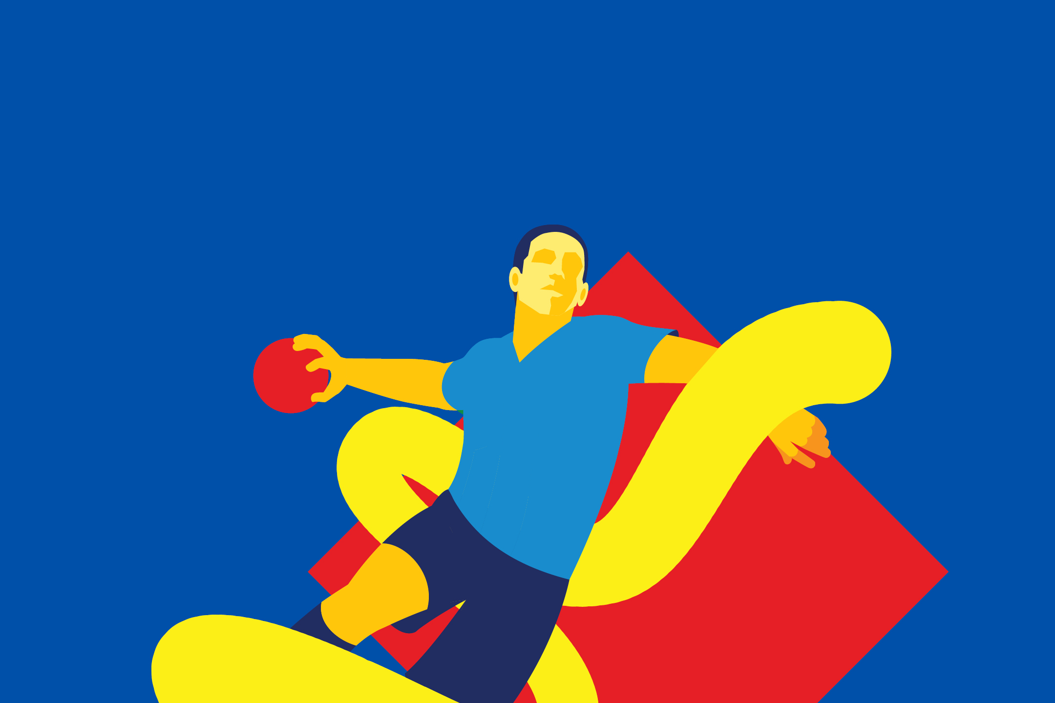 Ilustracija igralca rokometa v modri majici in kratkih hlačah, ki meče rdečo žogo.