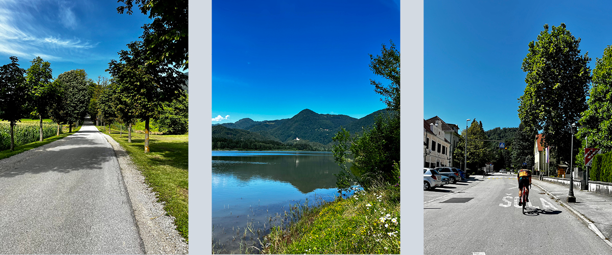 Kolesar, drevoredu pot, jezero in gore.