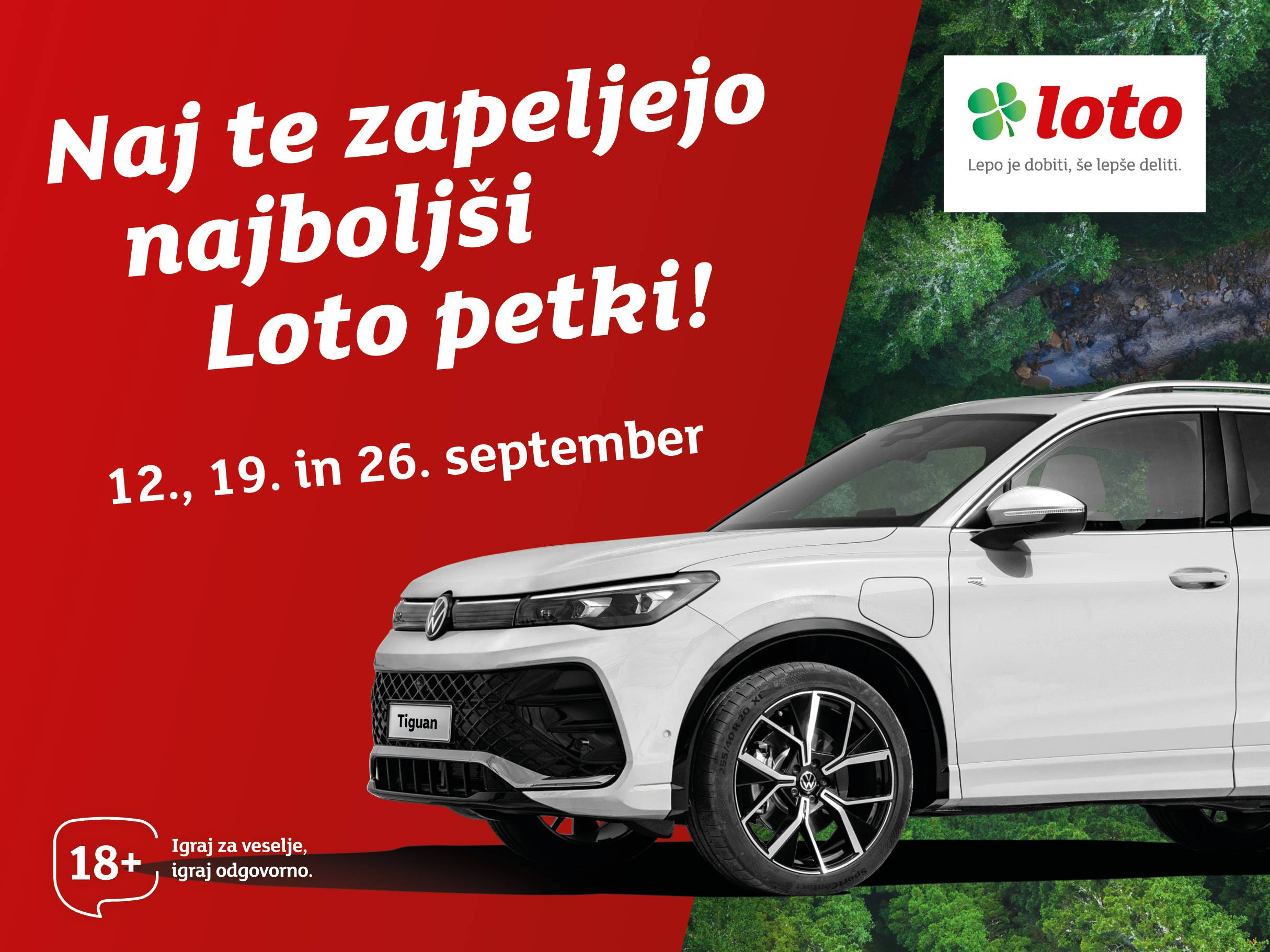Oglas za Loto z avtomobilom Volkswagen Tiguan in datumi septembrskih žrebanj.