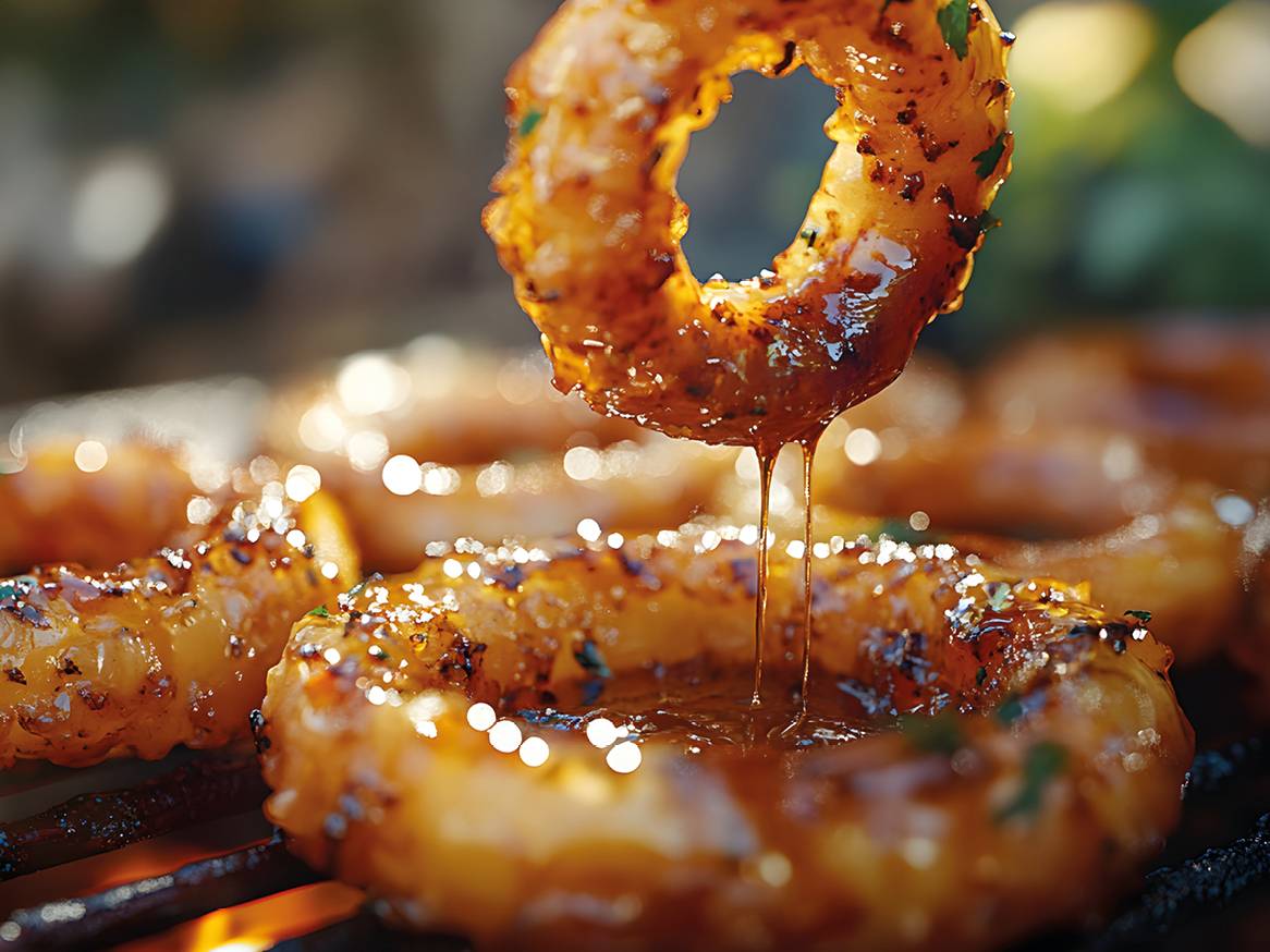 Čebulni obročki na žaru, prepojeni z glazuro, z dimom in ognjem v ozadju.