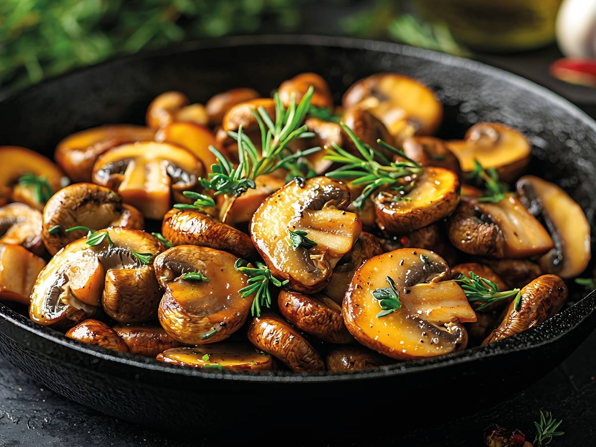 Praženi šampinjoni z rožmarinom v črni ponvi.