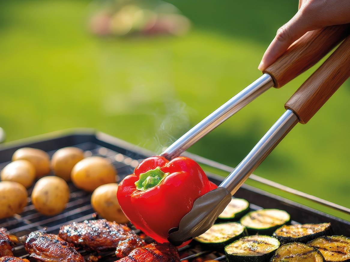 Rdeča paprika in drugo meso ter zelenjava na žaru.