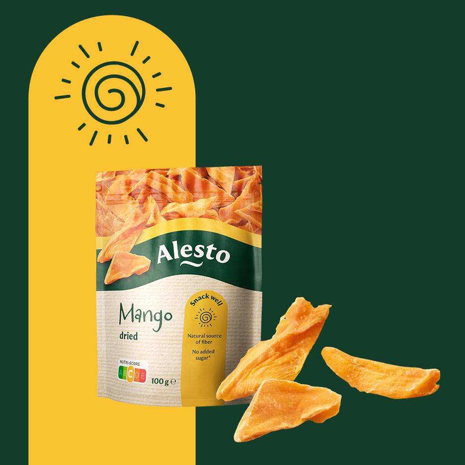 Paket suhega manga z napisom »Snack well«, »Natural source of fiber« in »No added sugar«.
