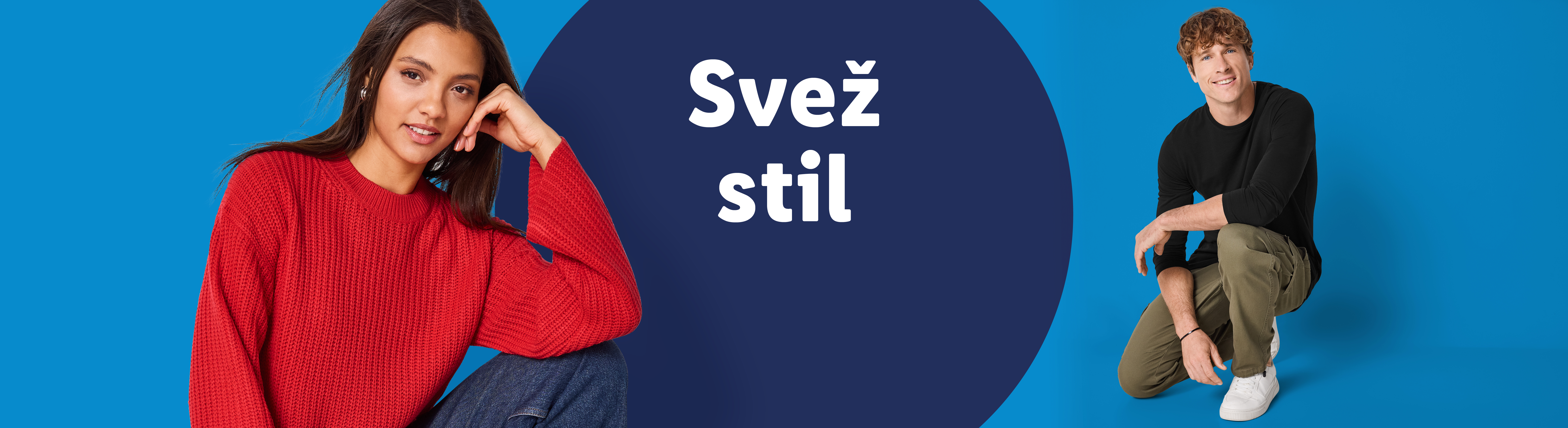 Ženska v rdečem puloverju in moški v črni majici, s tekstom »Svež stil«.