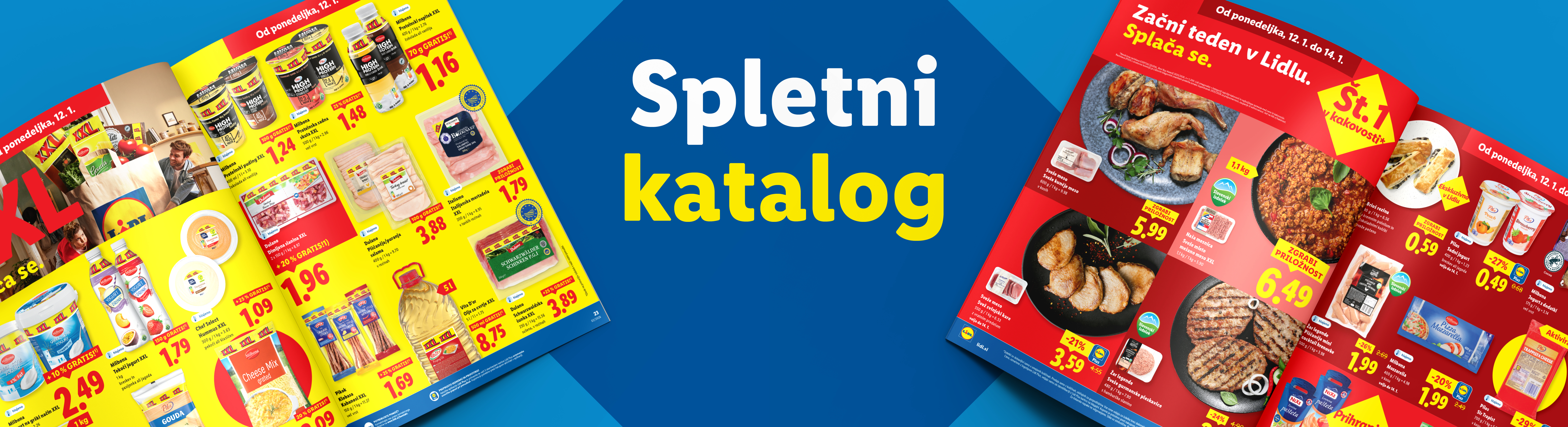 Lidl katalog z XXL izdelki, mesninami, mlečnimi izdelki in živili, poudarja tedenske akcije.