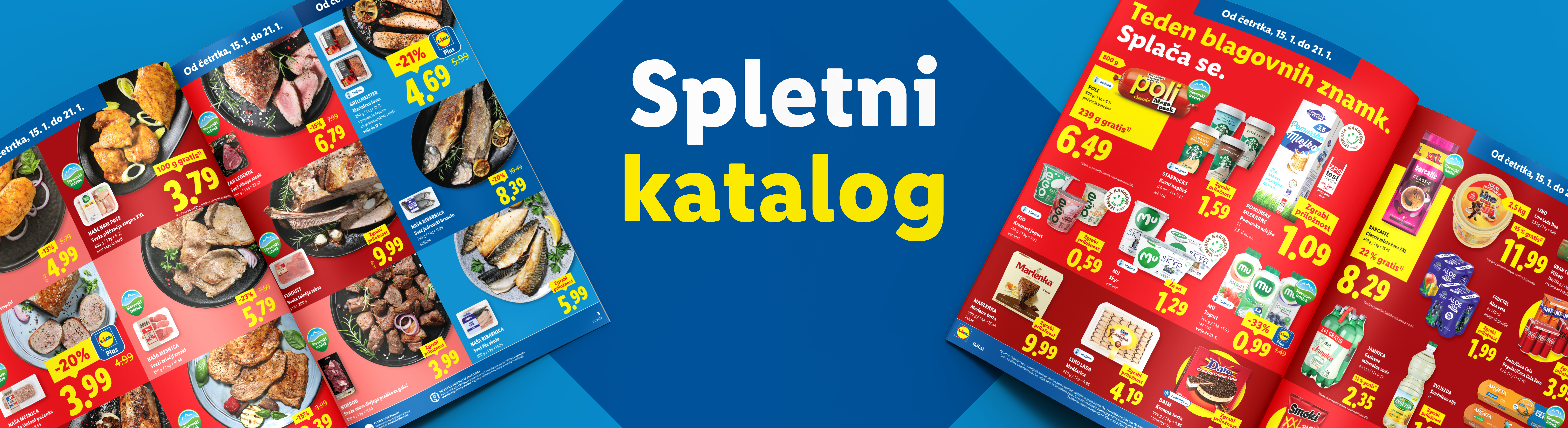 Lidl katalog z akcijskimi ponudbami mesa, rib, mlečnih izdelkov in pijač, vključno s Poli in Starbucks.