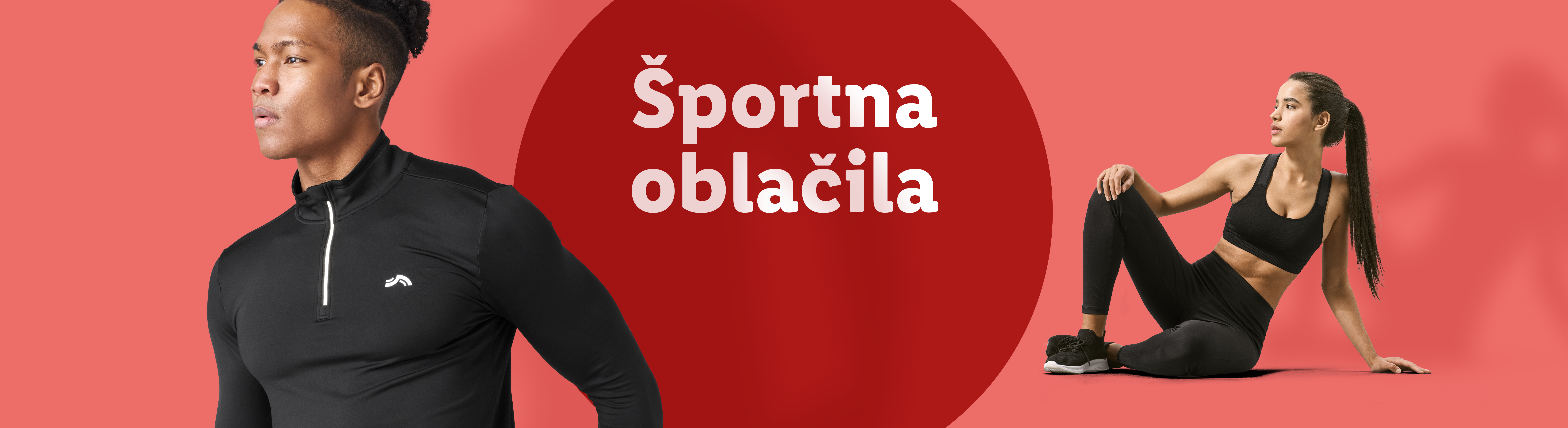 Moški in ženska v športnih oblačilih, z napisom »Športna oblačila«.