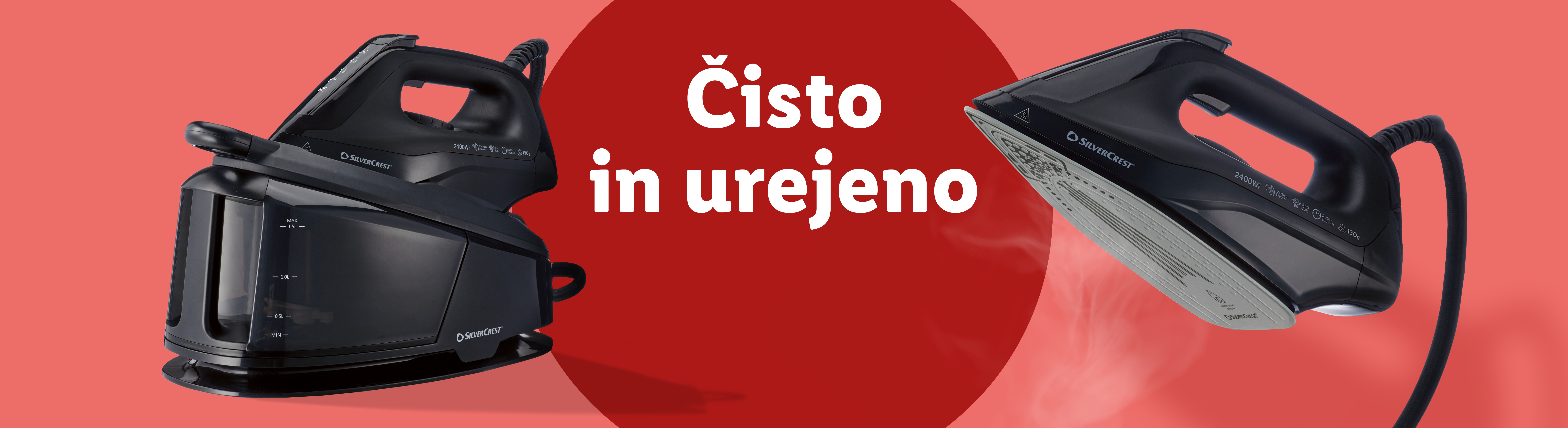 Parni likalnik in likalna postaja v črni barvi z napisom »Čisto in urejeno«.