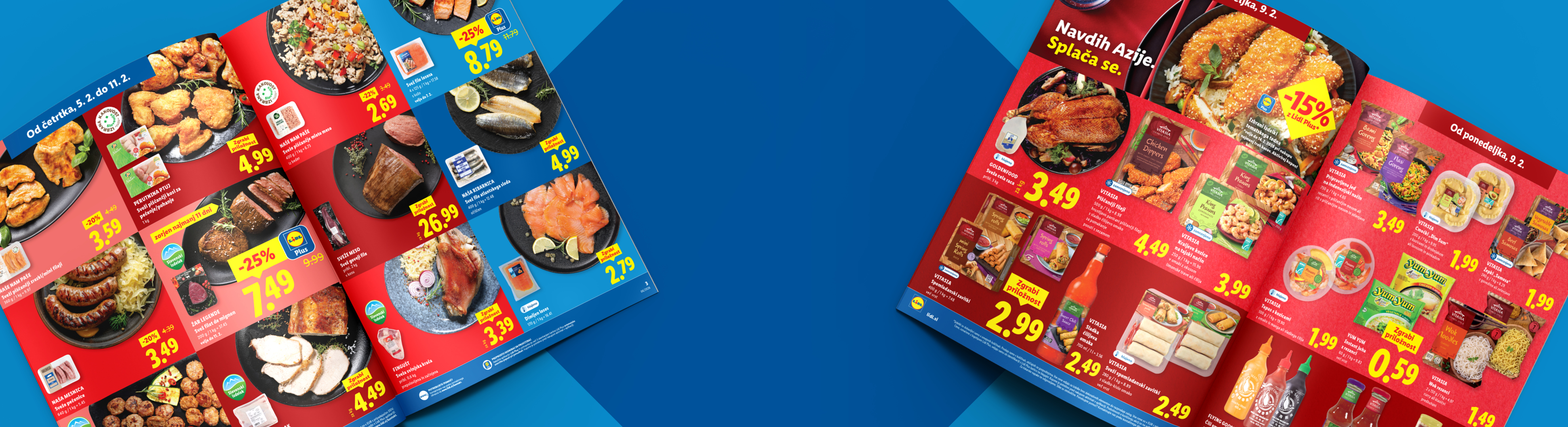 Lidl letak z mesom, ribami in azijsko hrano, s poudarkom na akcijskih cenah.