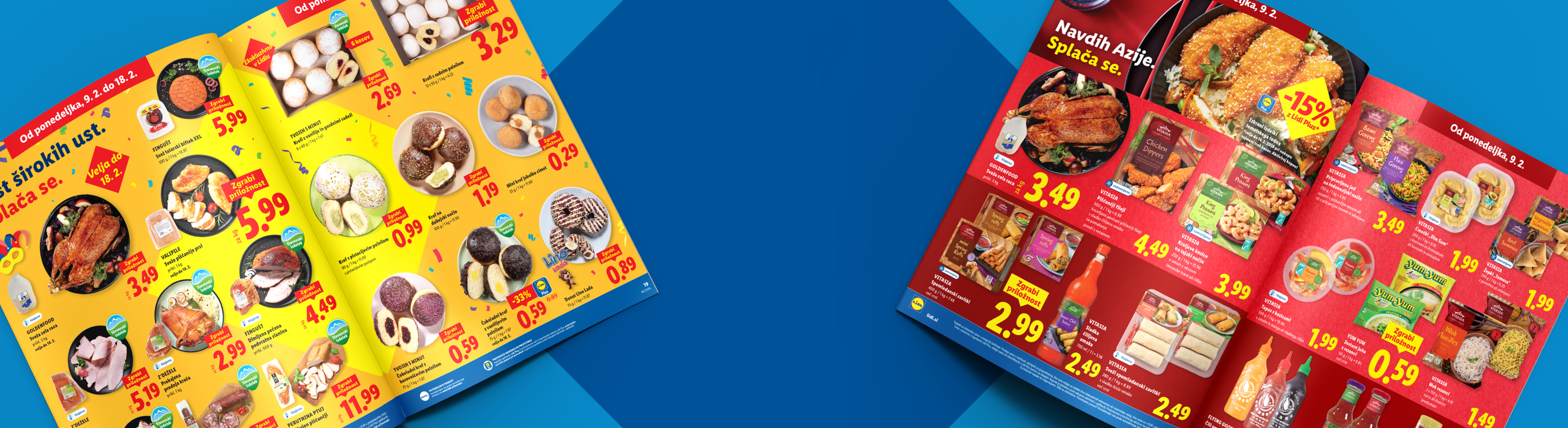 Lidl katalog z azijsko hrano in izdelki za pusta, vključno z raco, piščancem, krofi in spomladanskimi zavitki.