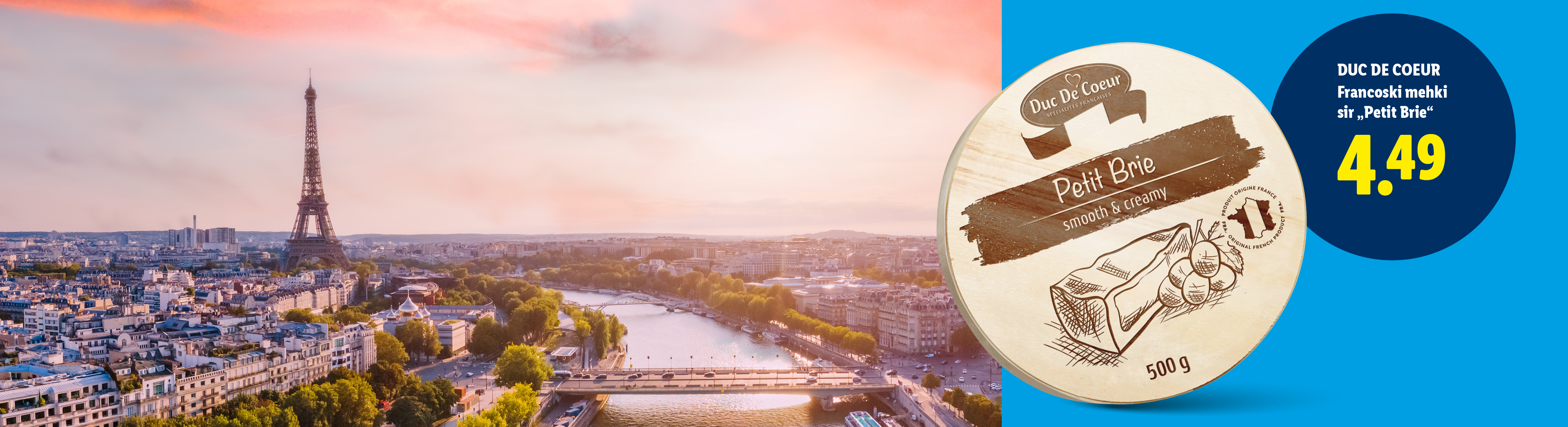 Francoski mehki sir Petit Brie na ozadju Pariza z Eifflovim stolpom, cena 4,49.